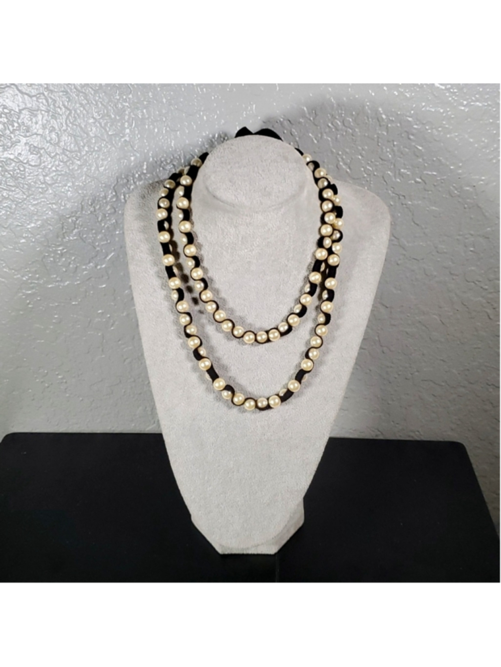 Unique Pearl and Black Ribbon design Stylish Long Necklace.